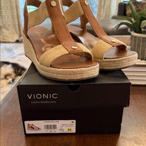 Vionic Tan and Natural Espadrille Wedge Sandals